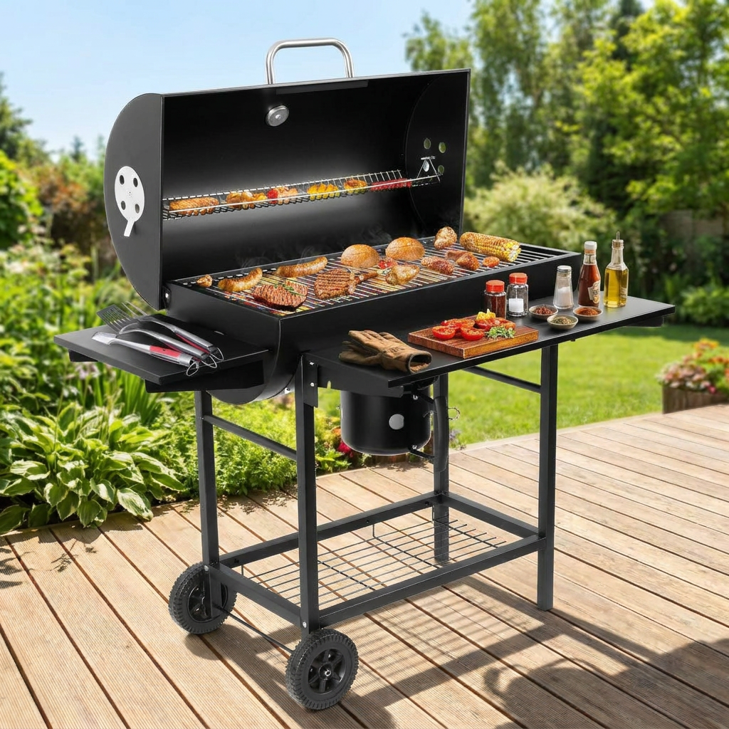 Large barrel charcoal grill with offset smoker and side tables on a backyard patio