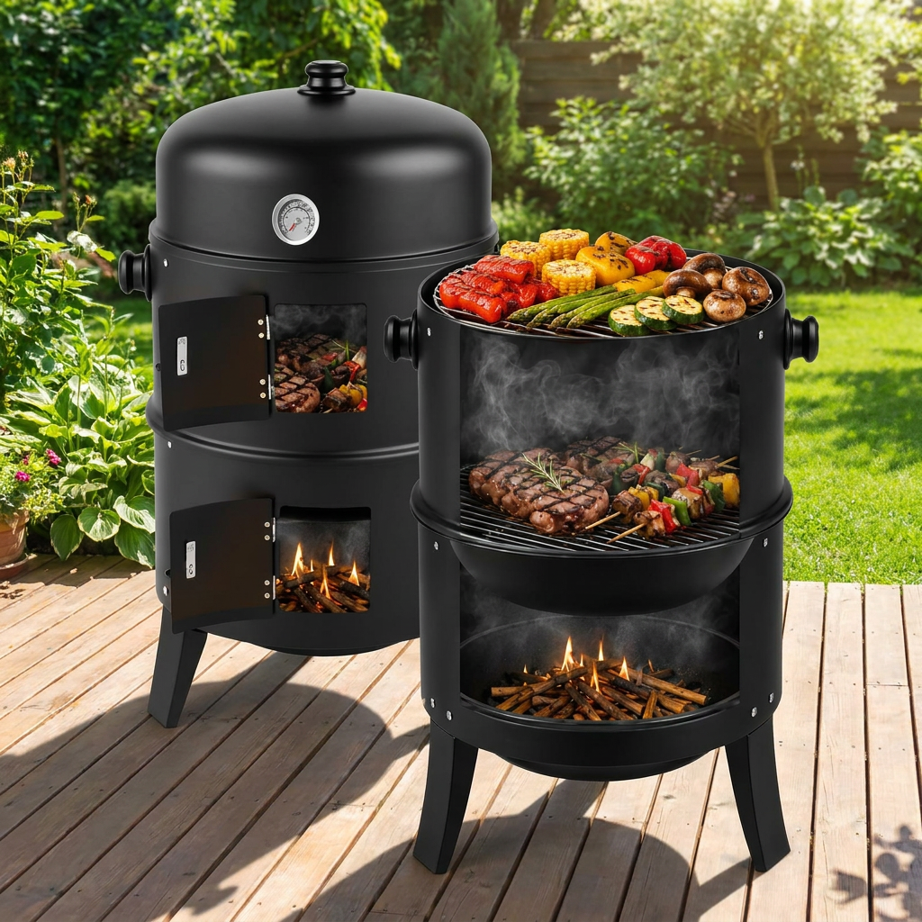 18 inch vertical charcoal smoker grill on a backyard patio