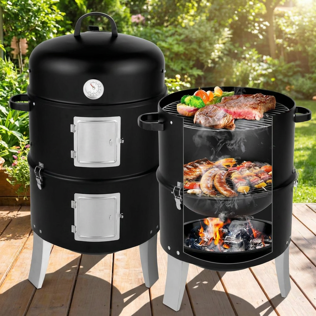 18.5 inch 3-in-1 vertical charcoal smoker grill with two access doors