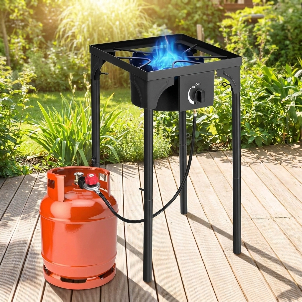 Single burner propane gas stove with removable legs on a backyard patio