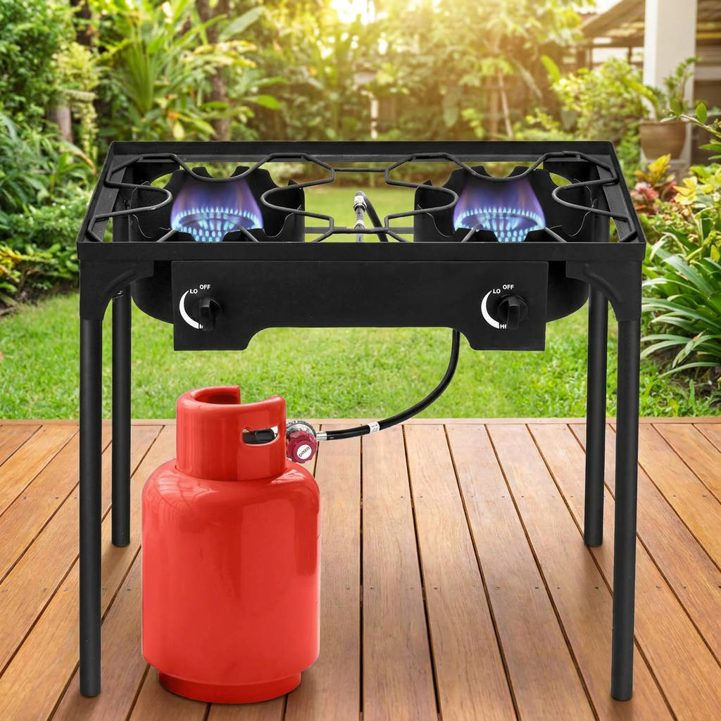 Double burner propane gas stove on a stand with removable legs