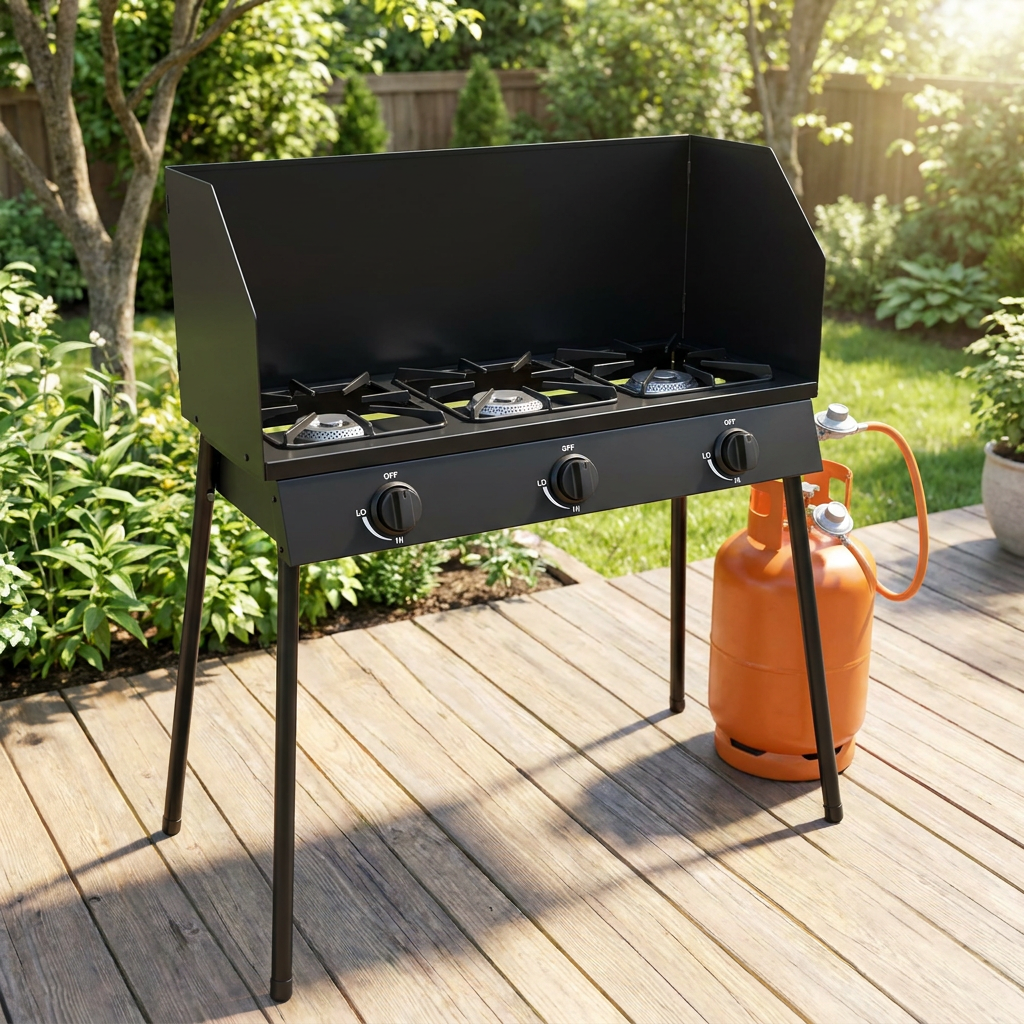 Three burner propane gas stove with windscreen