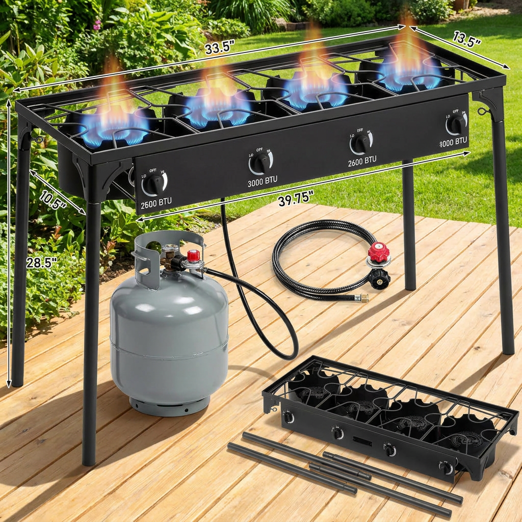 Four burner propane gas stove on a long stand