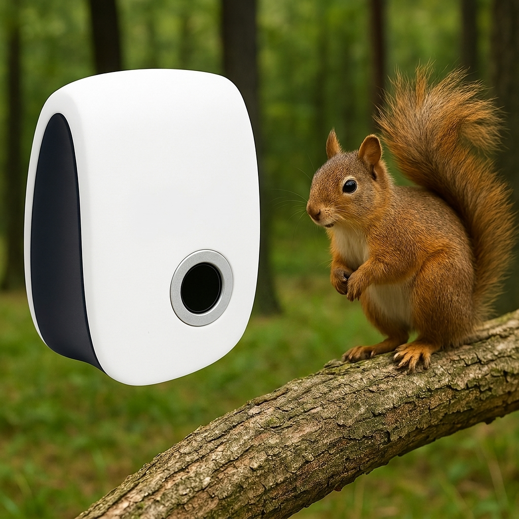 Ultrasonic squirrel repeller device outdoors
