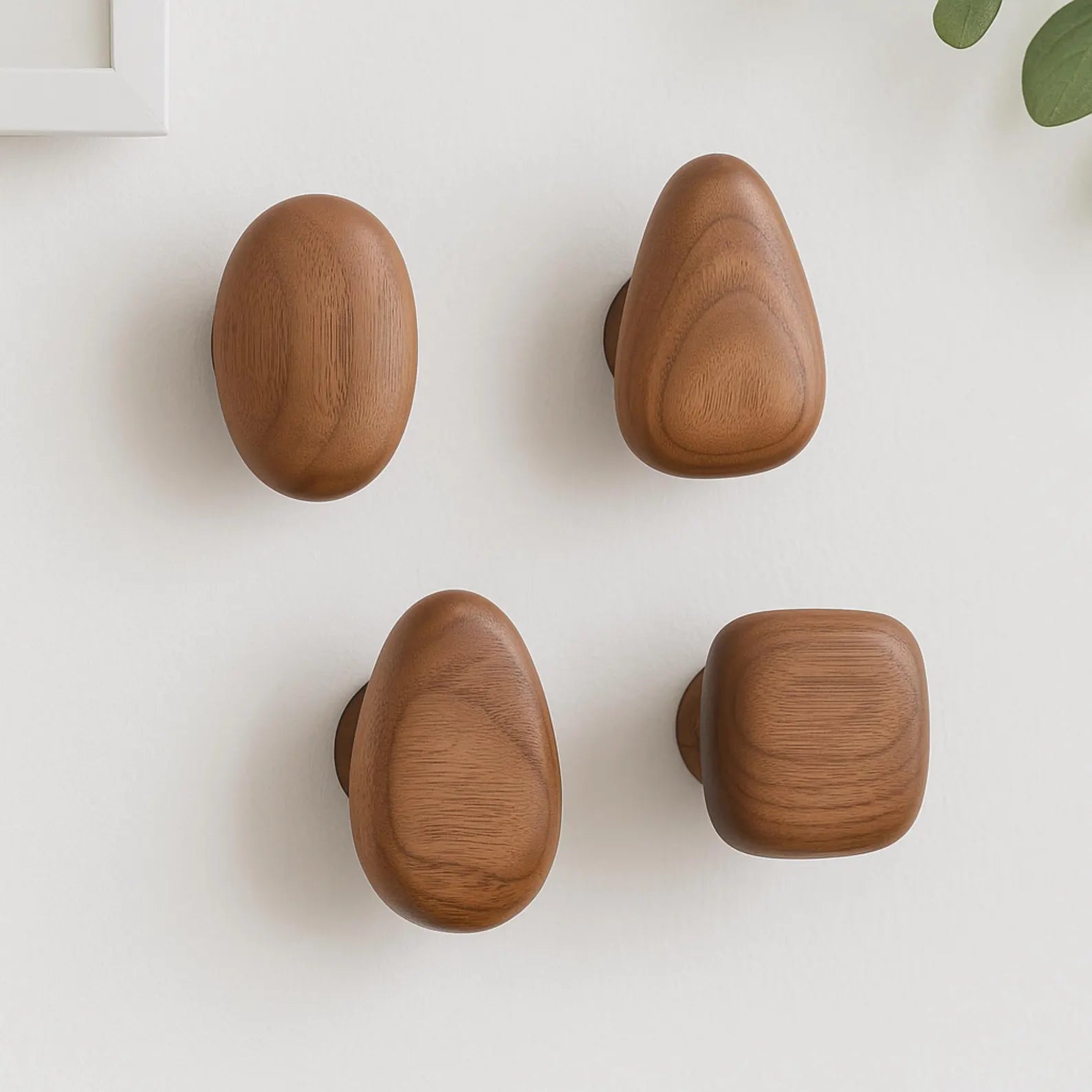 Minimalist Wooden Pebble Wall Hooks for Natural Home Decor 4-Pack