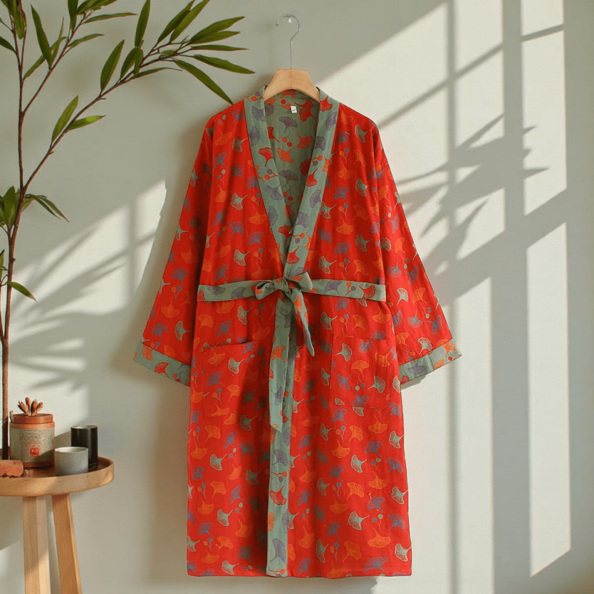AeroLuma Reversible Kimono Bathrobe in Organic Cotton – Two-Color Breathable Robe with Ginkgo Motif