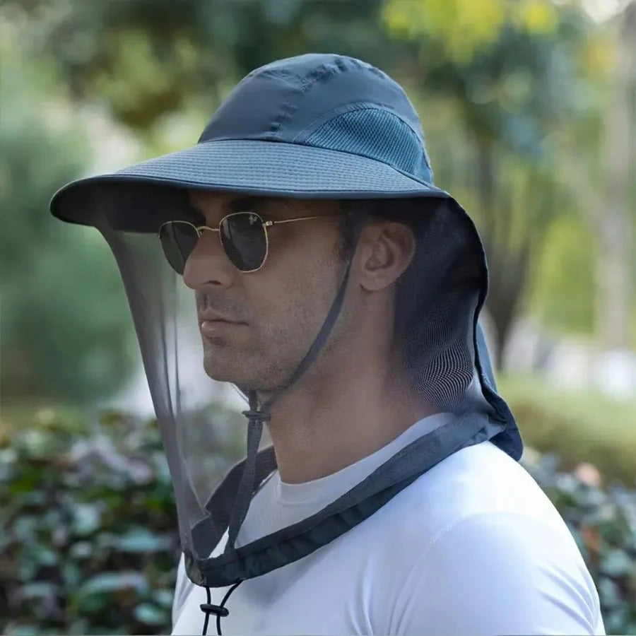 Breathable Wide Brim Sun Hat with Mosquito Net – UV Protection Fishing & Hiking Hat with Neck Flap