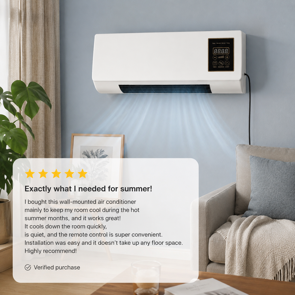 Slim wall-mounted mini air conditioner in a living room