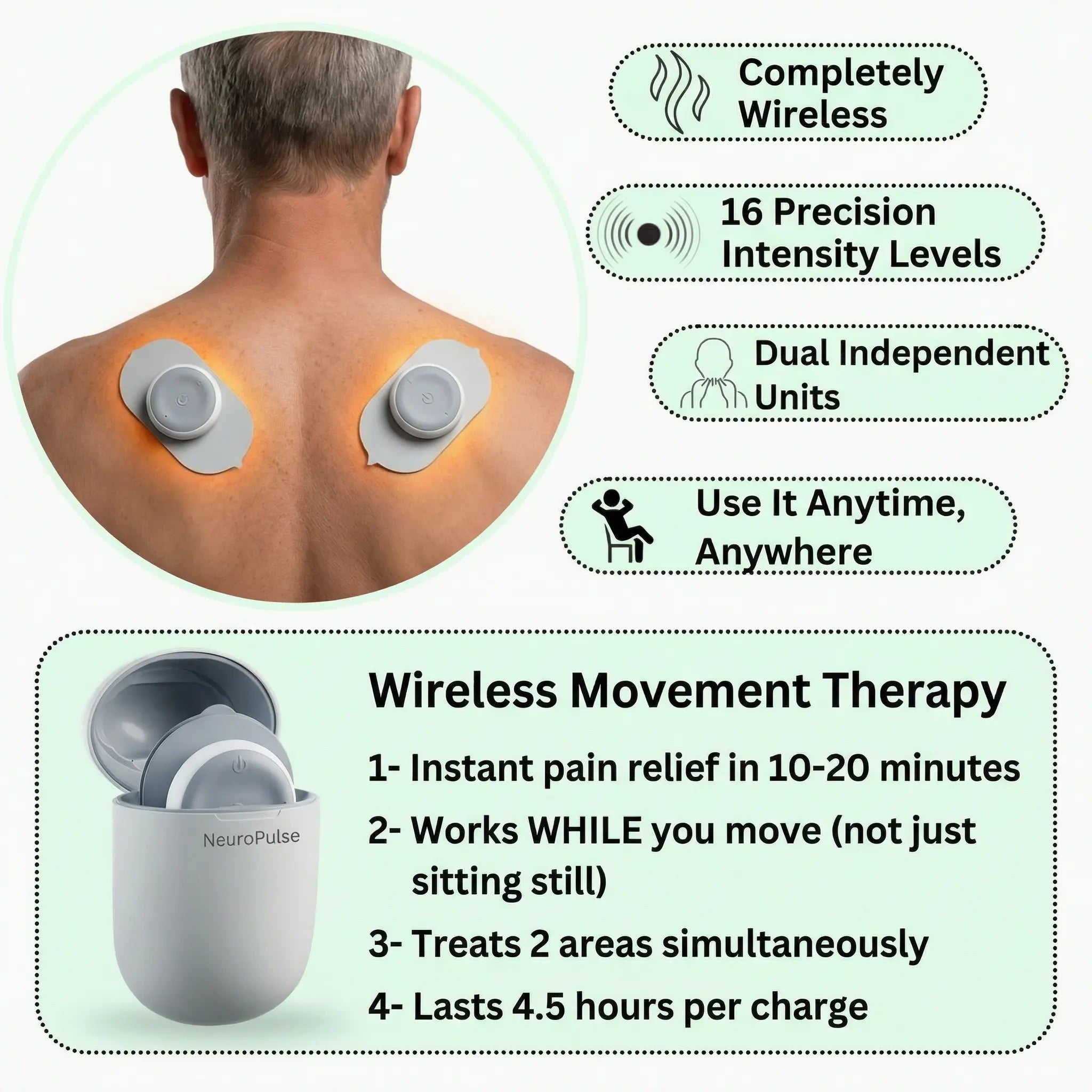 Wireless TENS Unit & EMS Muscle Stimulator | 16-Level Massager for Back & Neck Pain Relief