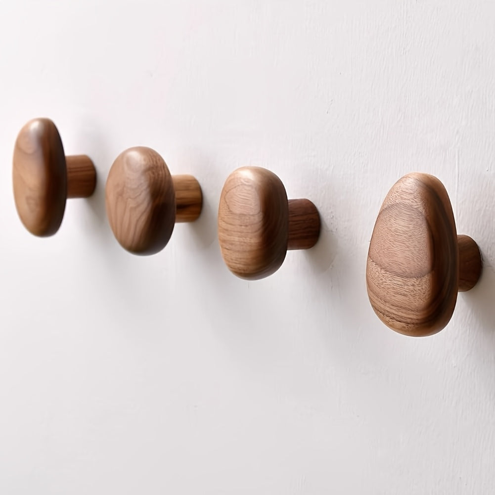 Minimalist Wooden Pebble Wall Hooks for Natural Home Decor 4-Pack