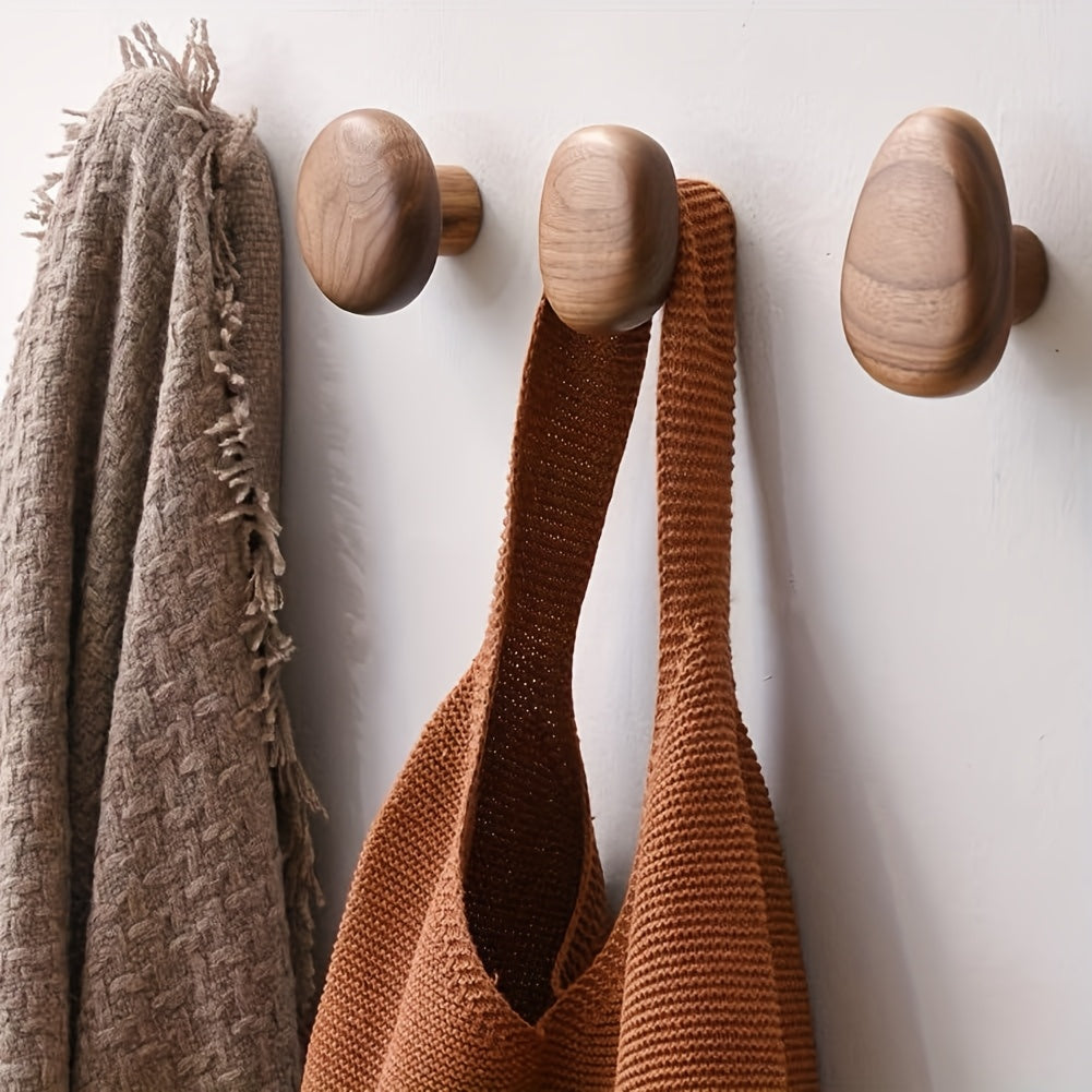 Minimalist Wooden Pebble Wall Hooks for Natural Home Decor 4-Pack