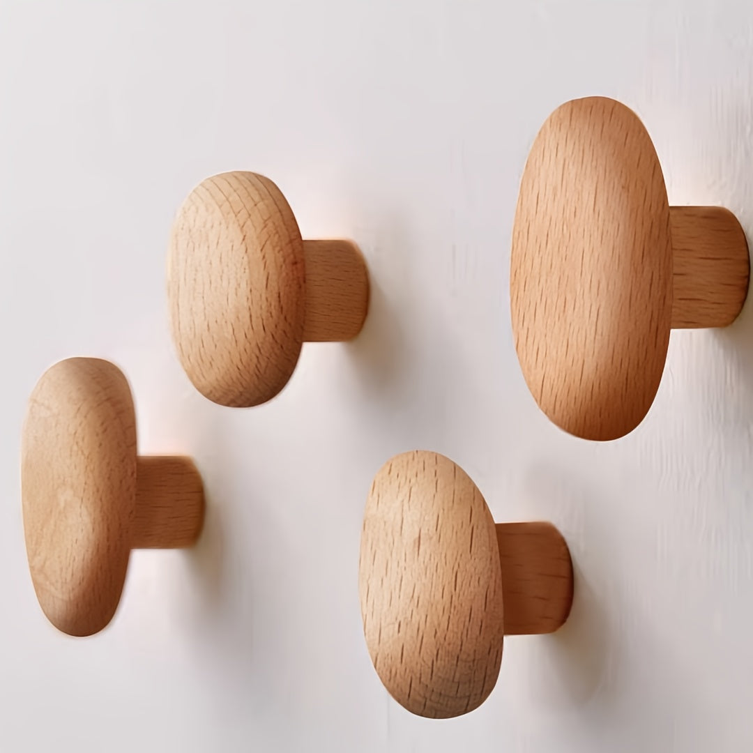 Minimalist Wooden Pebble Wall Hooks for Natural Home Decor 4-Pack