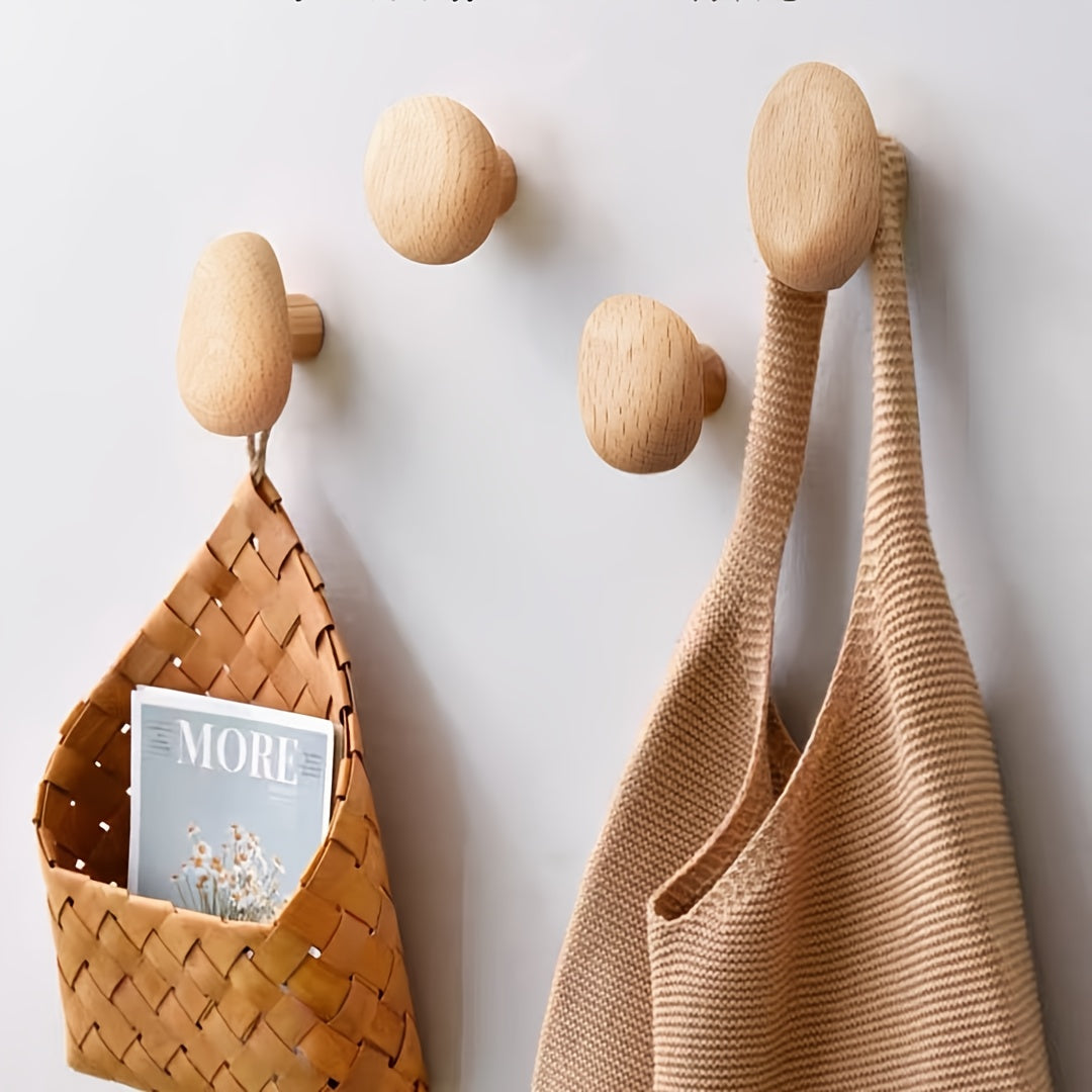 Minimalist Wooden Pebble Wall Hooks for Natural Home Decor 4-Pack
