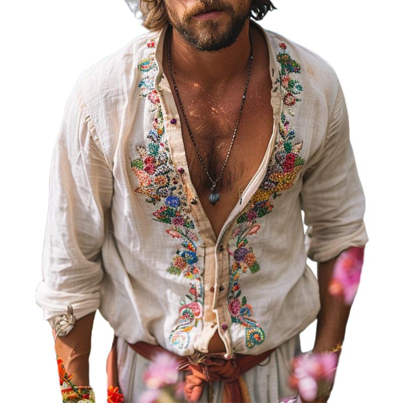Free-Spirited Bohemian Grandad Collar Shirt for Men – Lightweight Artisan-Print Shirt for Relaxed Summer Style