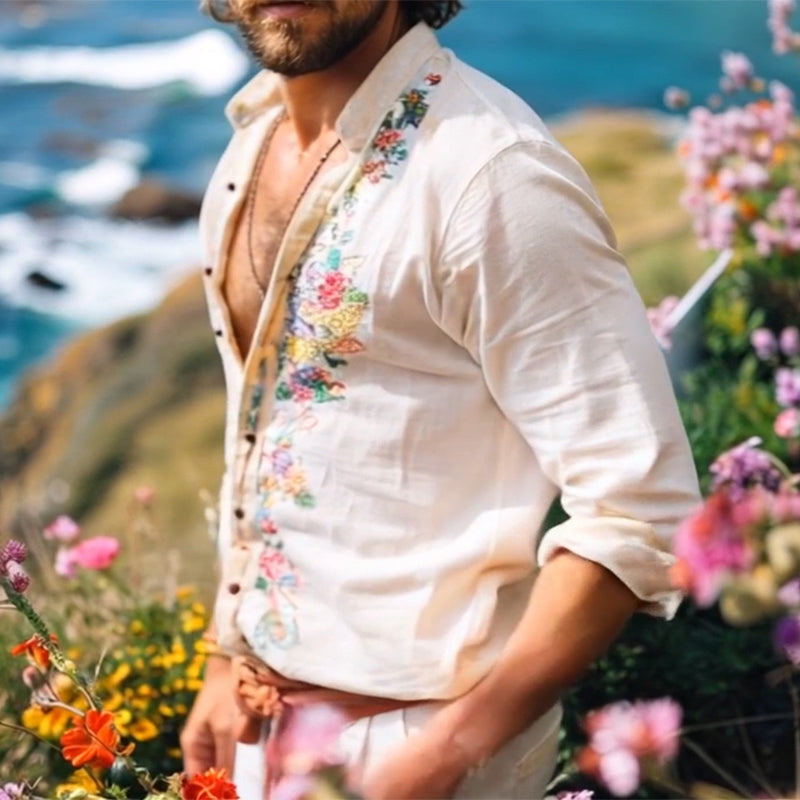 Free-Spirited Bohemian Grandad Collar Shirt for Men – Lightweight Artisan-Print Shirt for Relaxed Summer Style