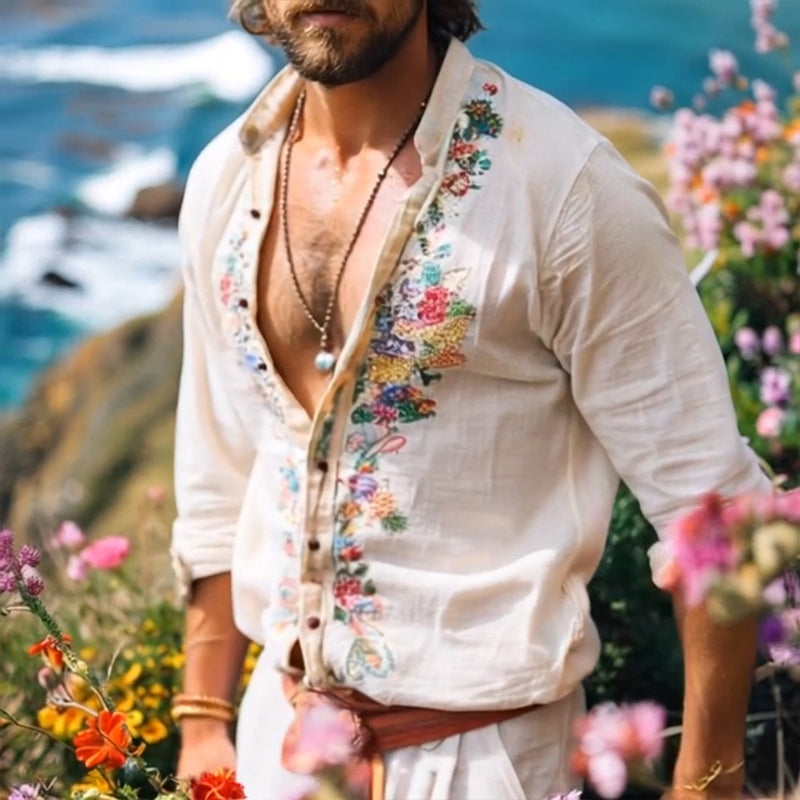 Free-Spirited Bohemian Grandad Collar Shirt for Men – Lightweight Artisan-Print Shirt for Relaxed Summer Style