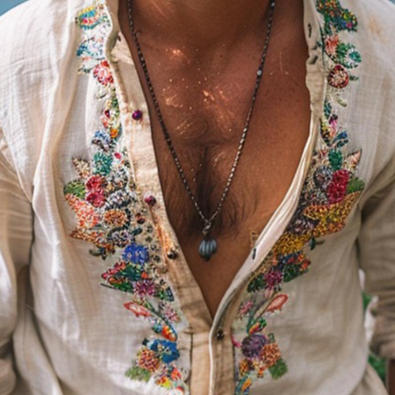 Free-Spirited Bohemian Grandad Collar Shirt for Men – Lightweight Artisan-Print Shirt for Relaxed Summer Style