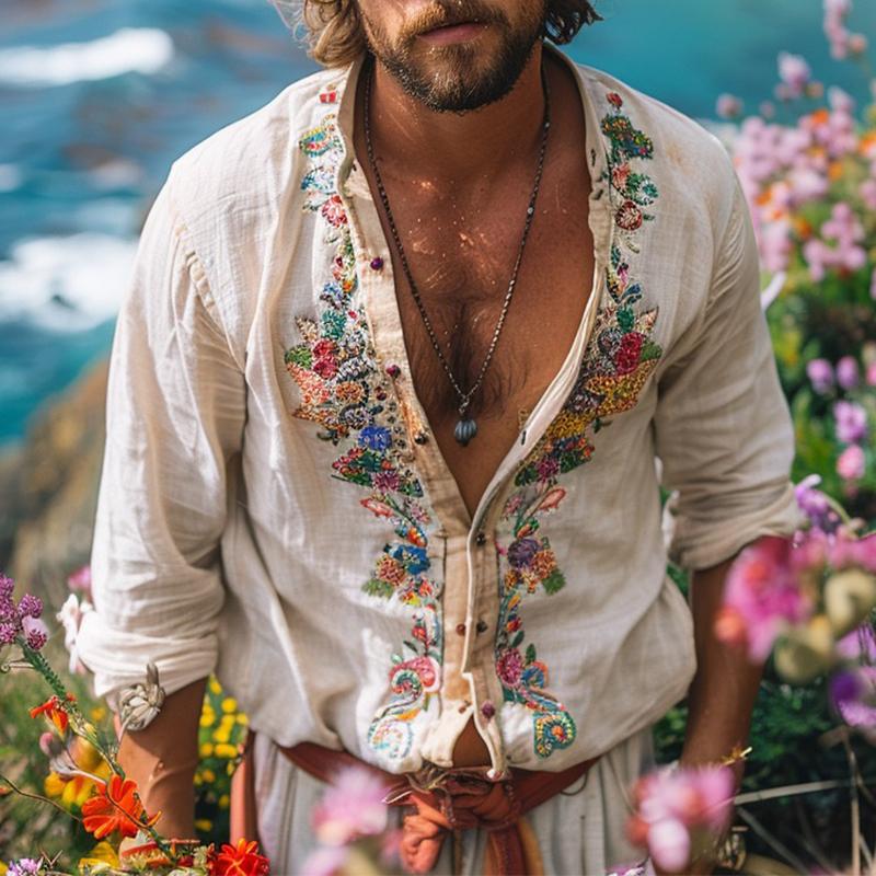 Free-Spirited Bohemian Grandad Collar Shirt for Men – Lightweight Artisan-Print Shirt for Relaxed Summer Style