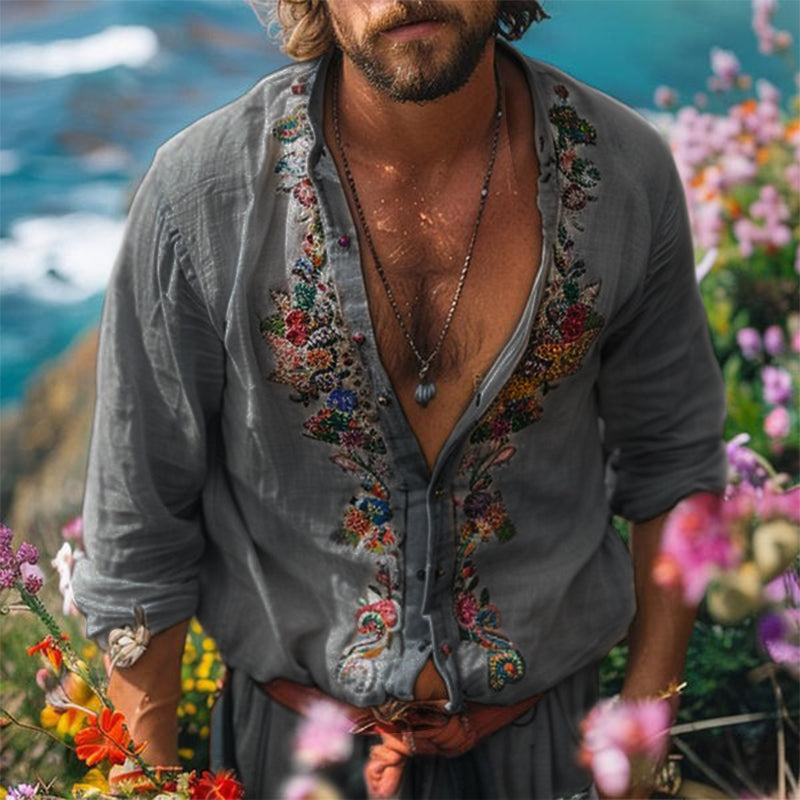 Free-Spirited Bohemian Grandad Collar Shirt for Men – Lightweight Artisan-Print Shirt for Relaxed Summer Style