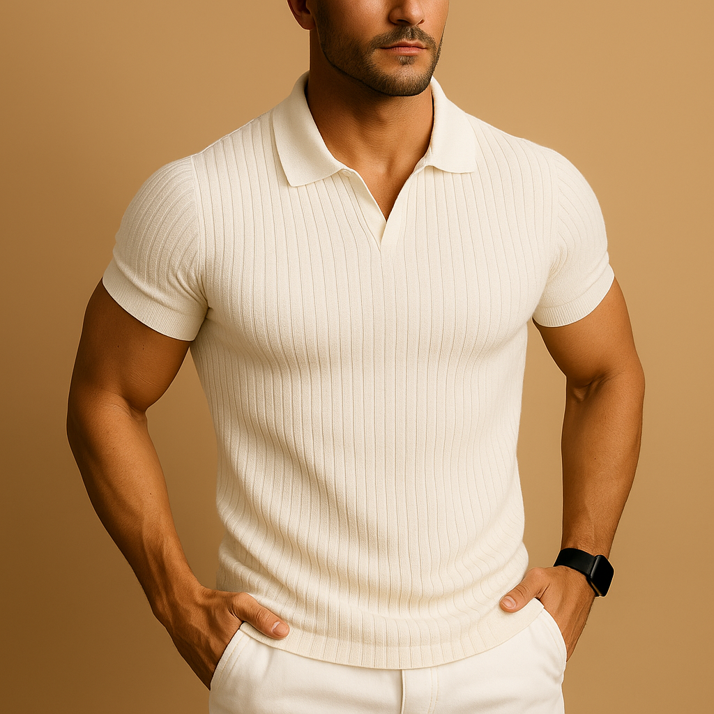 Sleek Slim Fit V-Neck Polo Shirt for Men – Modern Textured Short Sleeve Top for Smart-Casual Style