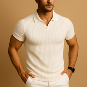 Sleek Slim Fit V-Neck Polo Shirt for Men – Modern Textured Short Sleeve Top for Smart-Casual Style