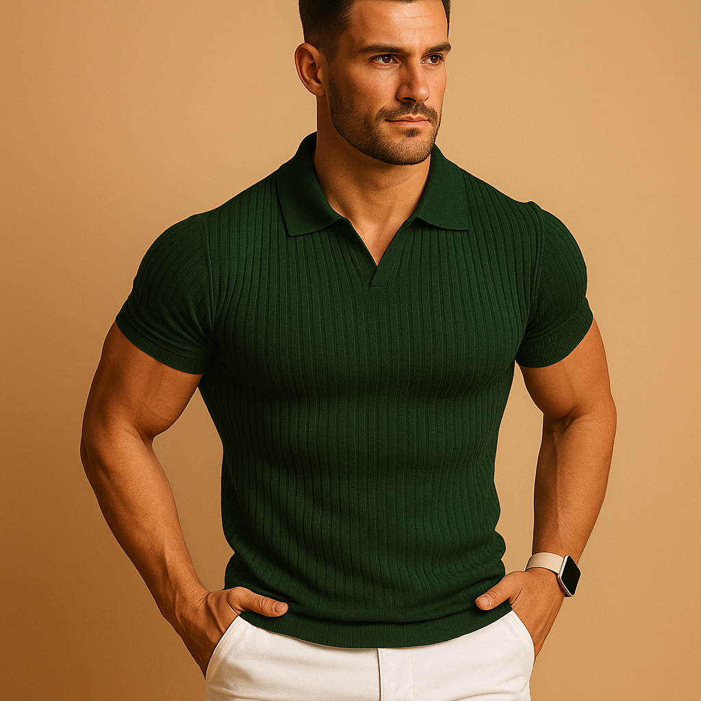 Sleek Slim Fit V-Neck Polo Shirt for Men – Modern Textured Short Sleeve Top for Smart-Casual Style