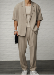 Modern Short Sleeve Blazer & Tailored Trouser Set for Men – Lightweight Summer Suit for Office & Events