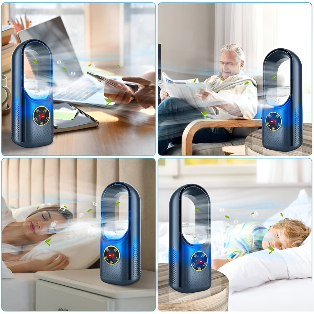 Compact bladeless desktop air cooler side view