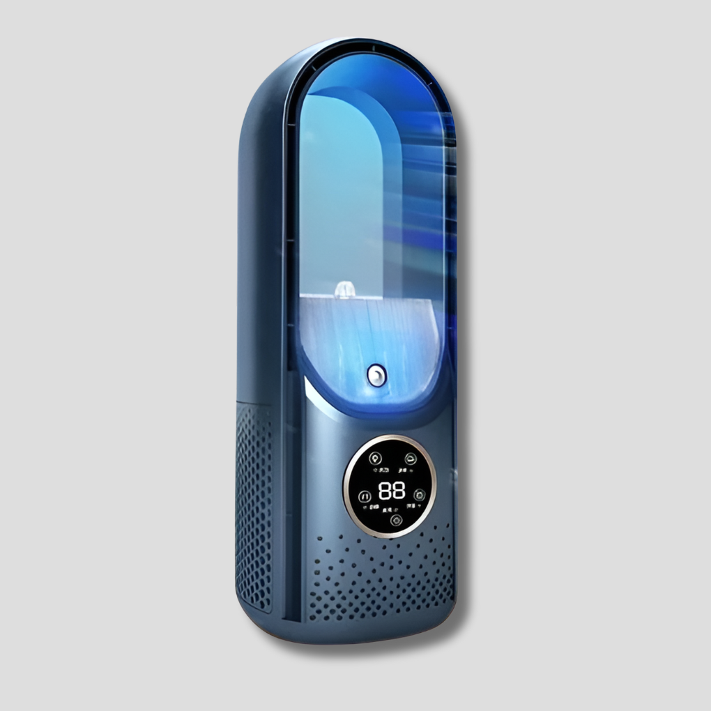 Bladeless desktop air cooler in blue