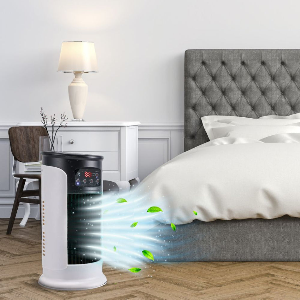 Slim tower air cooler in a bedroom setting