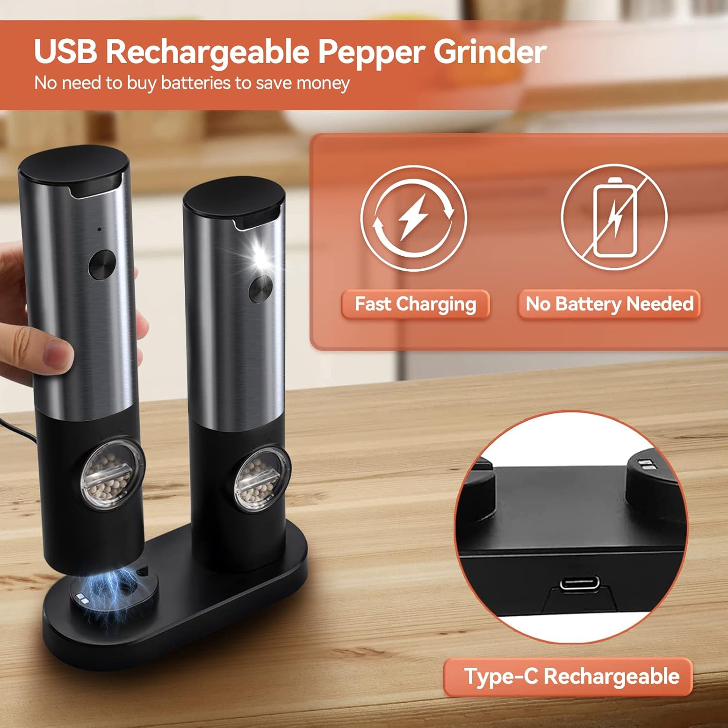 Rechargeable Electric Salt and Pepper Grinder Set with Adjustable LED