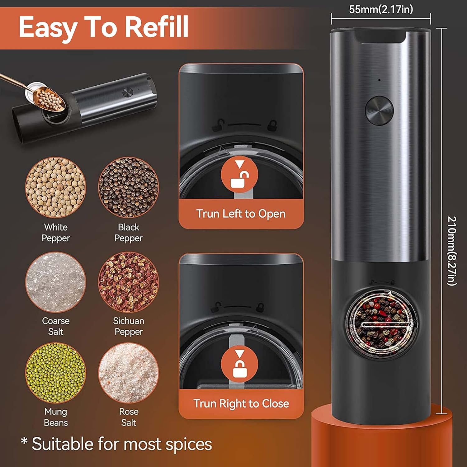 Rechargeable Electric Salt and Pepper Grinder Set with Adjustable LED