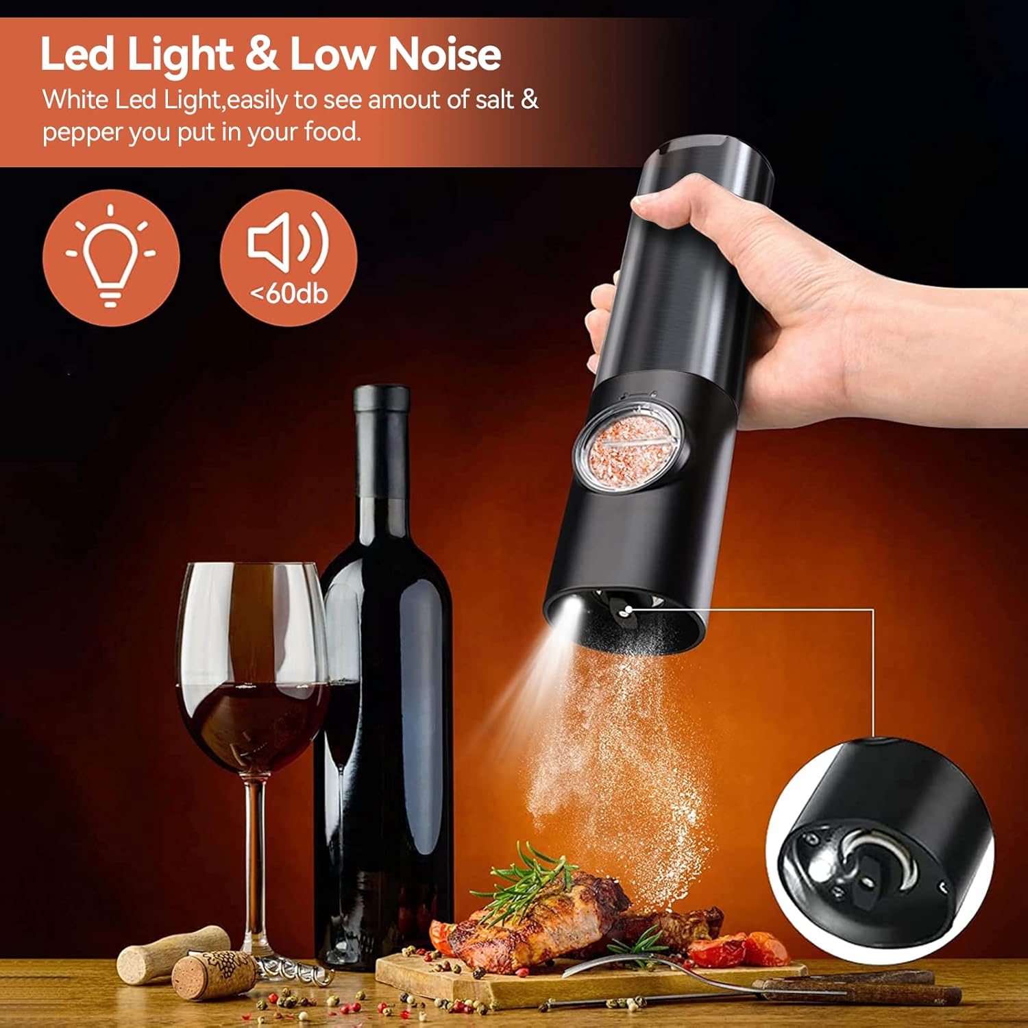 Rechargeable Electric Salt and Pepper Grinder Set with Adjustable LED