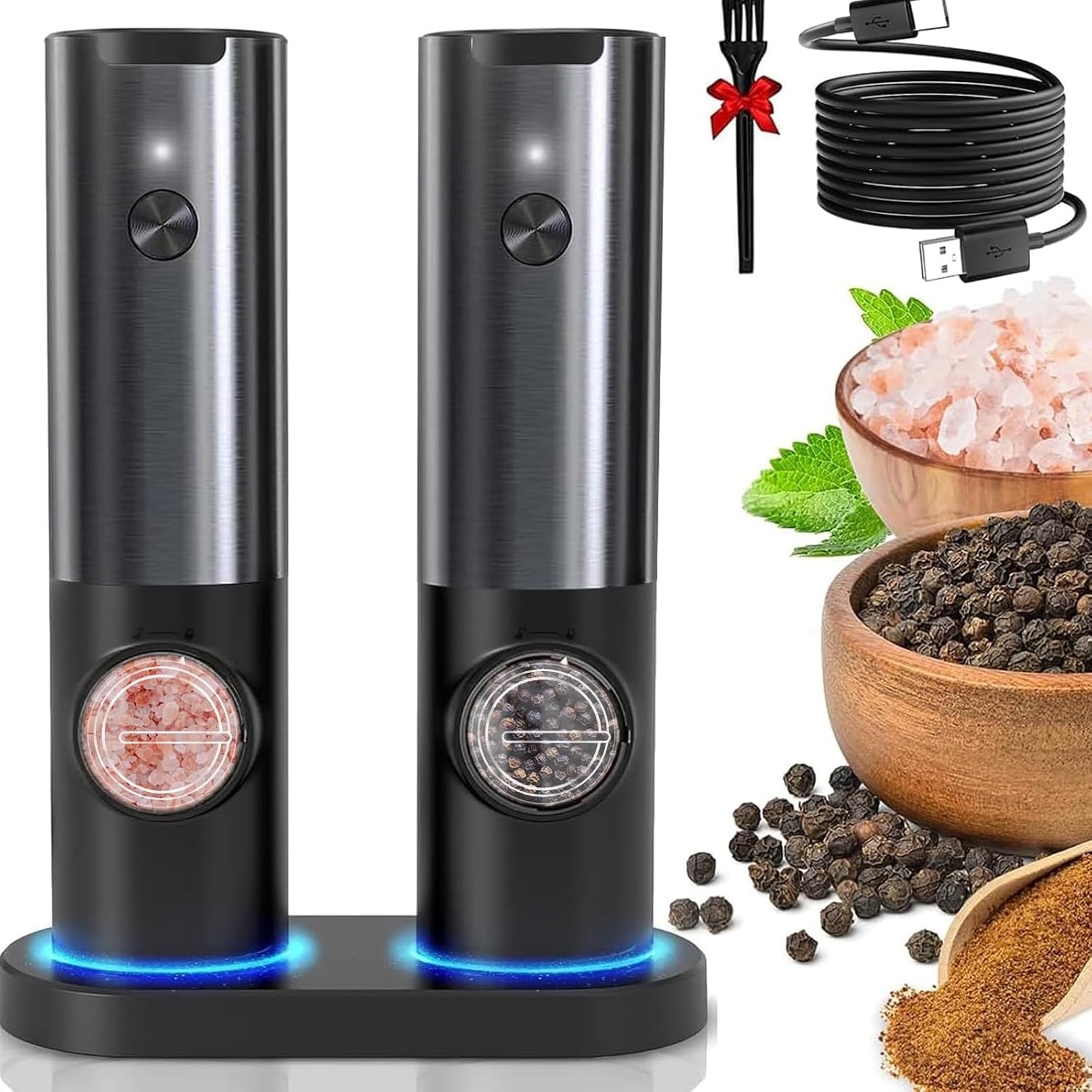 Rechargeable Electric Salt and Pepper Grinder Set with Adjustable LED