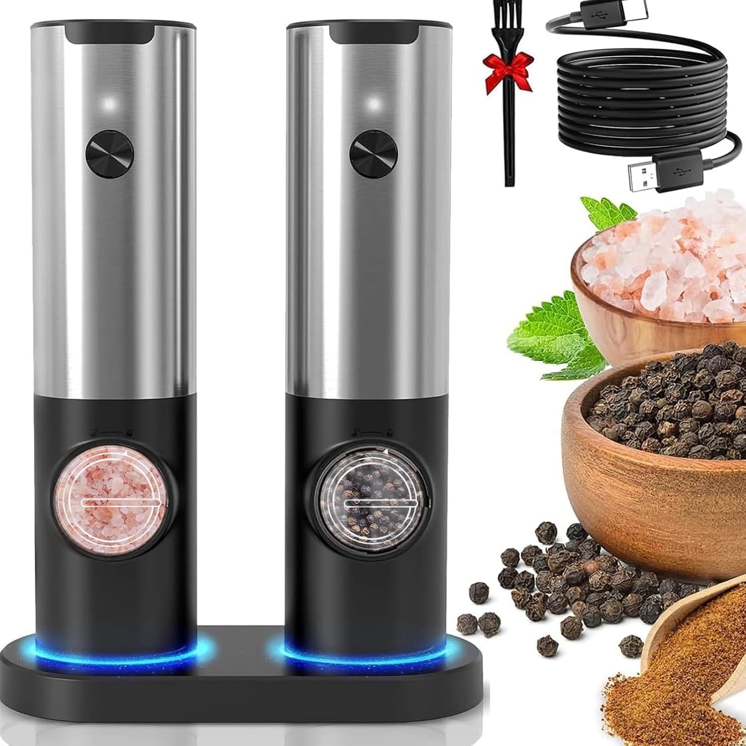 Rechargeable Electric Salt and Pepper Grinder Set with Adjustable LED