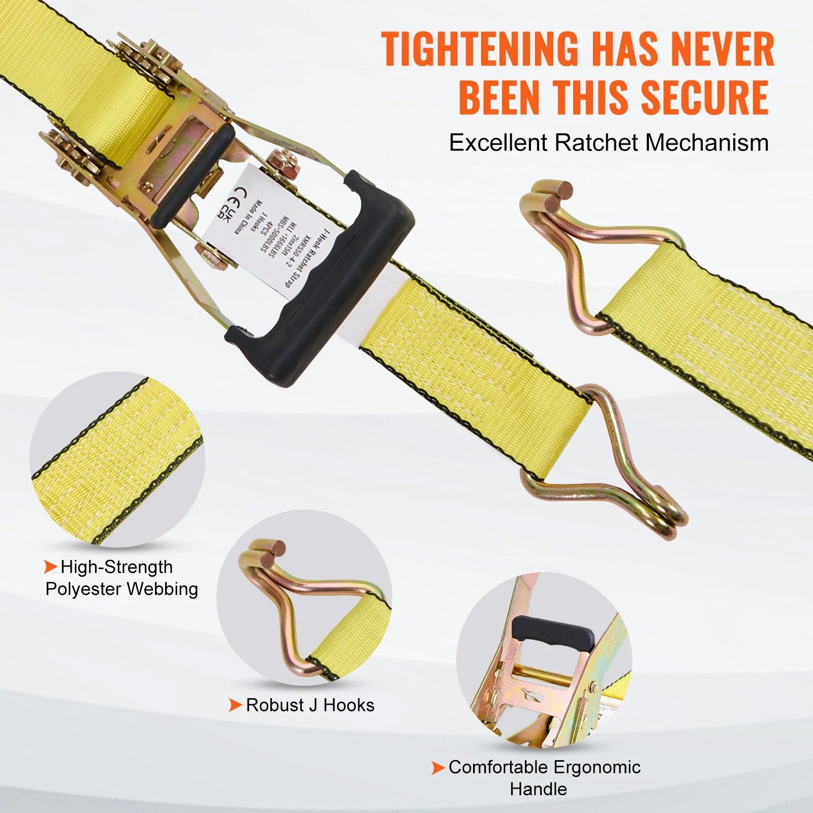 4 Pack Ratchet Tie Down Straps | 5000 lbs, 2" x 15', Heavy Duty Double J Hook