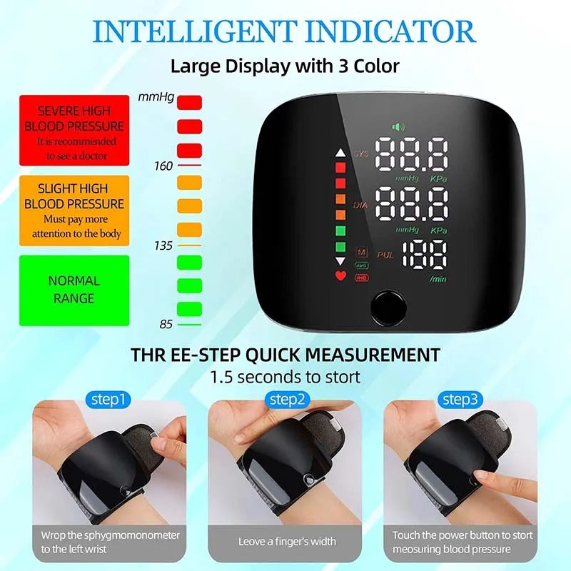 Smart Wrist Blood Pressure Monitor – Rechargeable Portable Digital BP Meter with Voice Broadcast & Memory