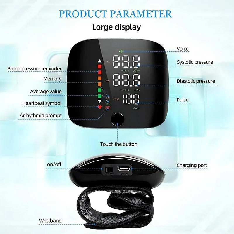 Smart Wrist Blood Pressure Monitor – Rechargeable Portable Digital BP Meter with Voice Broadcast & Memory
