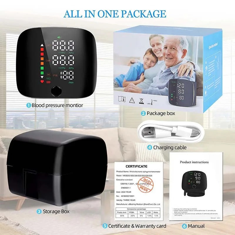Smart Wrist Blood Pressure Monitor – Rechargeable Portable Digital BP Meter with Voice Broadcast & Memory