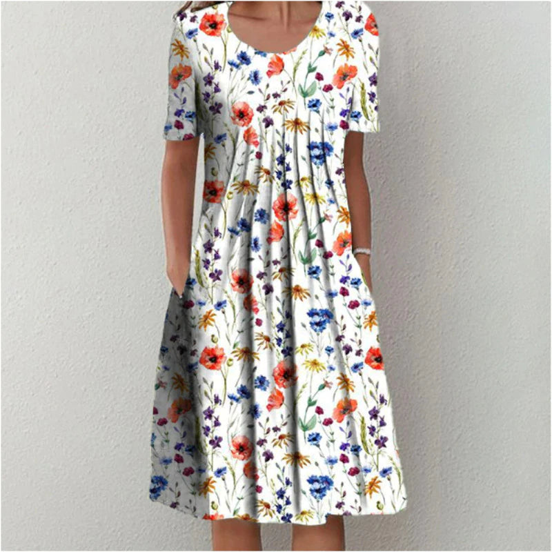 Charming Floral Midi Dress for Women – Relaxed Short Sleeve Summer Dress with Pockets & Flowing A-Line Skirt