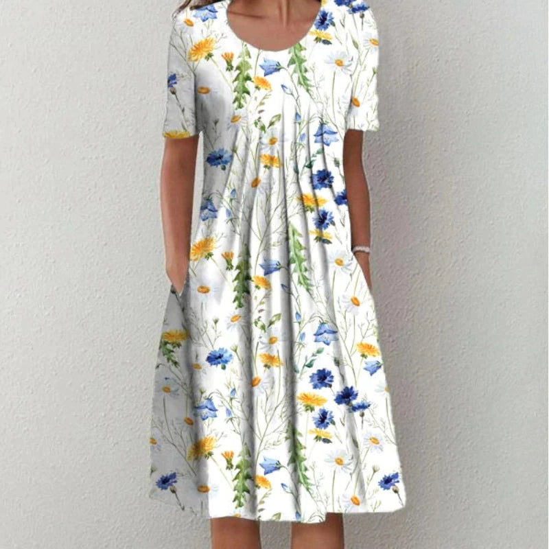 Charming Floral Midi Dress for Women – Relaxed Short Sleeve Summer Dress with Pockets & Flowing A-Line Skirt