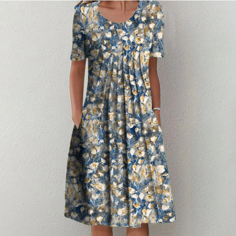 Charming Floral Midi Dress for Women – Relaxed Short Sleeve Summer Dress with Pockets & Flowing A-Line Skirt