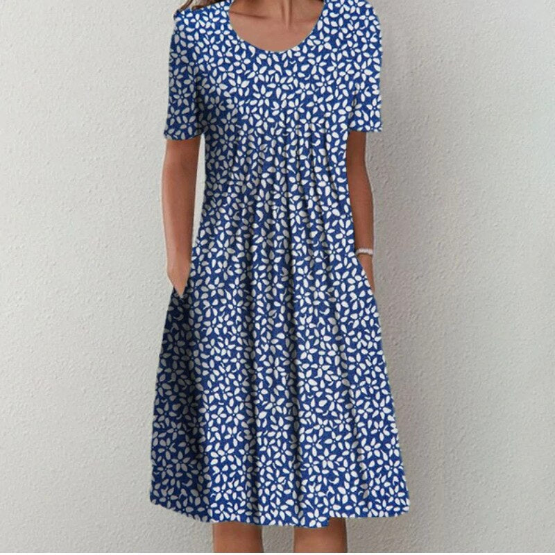 Charming Floral Midi Dress for Women – Relaxed Short Sleeve Summer Dress with Pockets & Flowing A-Line Skirt
