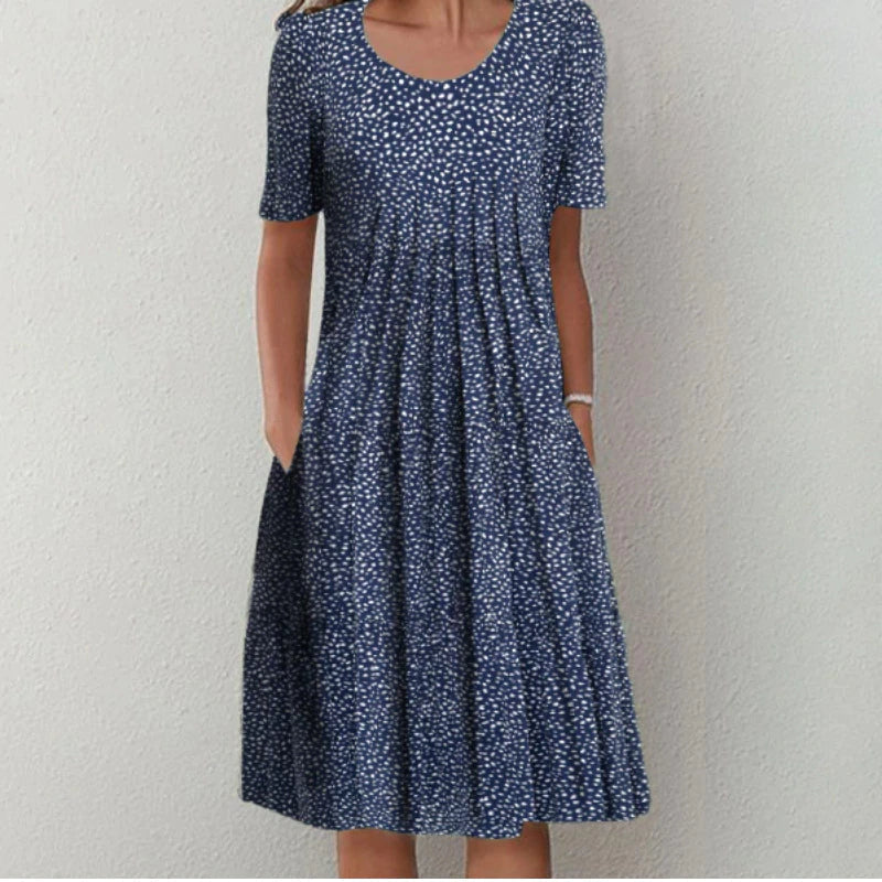 Charming Floral Midi Dress for Women – Relaxed Short Sleeve Summer Dress with Pockets & Flowing A-Line Skirt