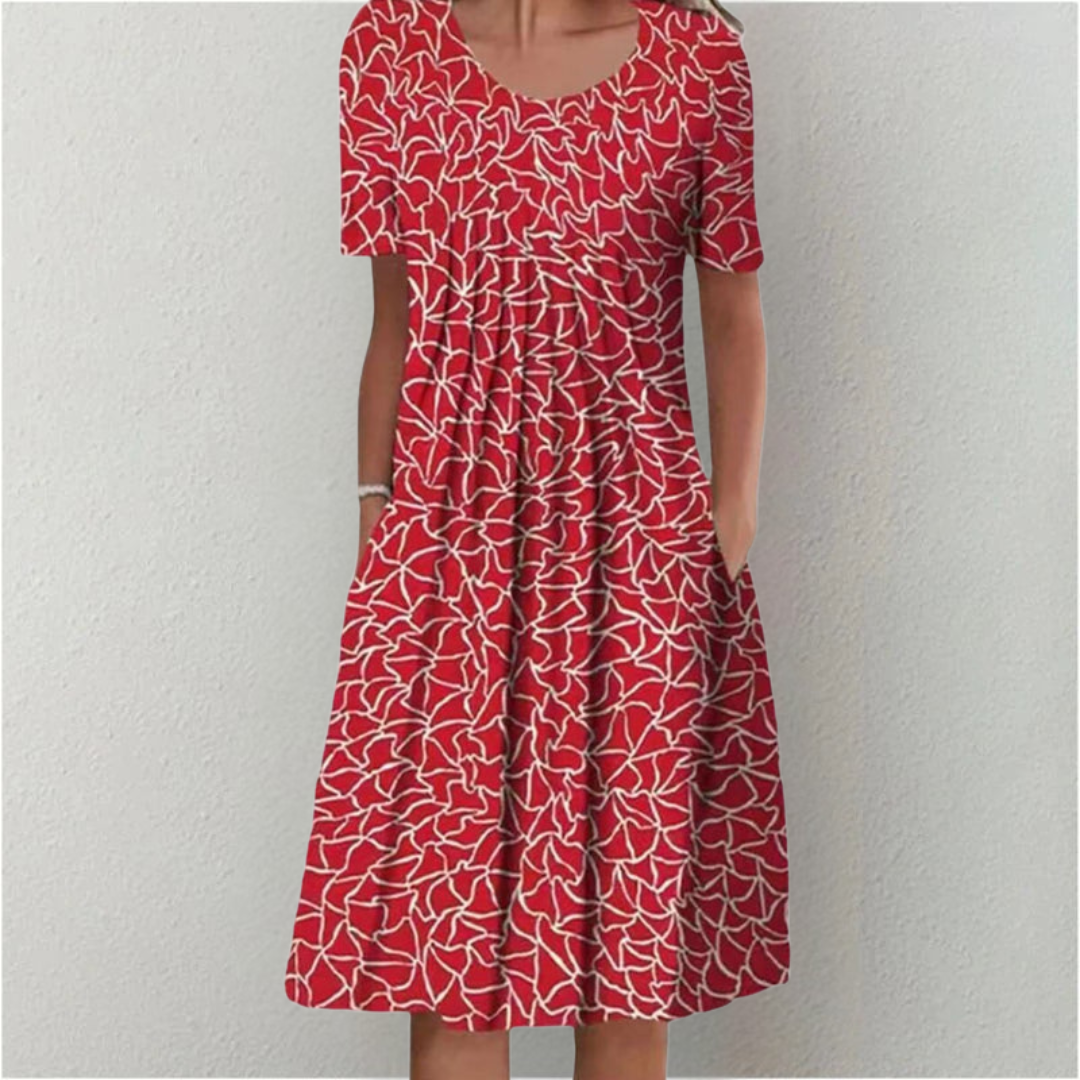 Charming Floral Midi Dress for Women – Relaxed Short Sleeve Summer Dress with Pockets & Flowing A-Line Skirt