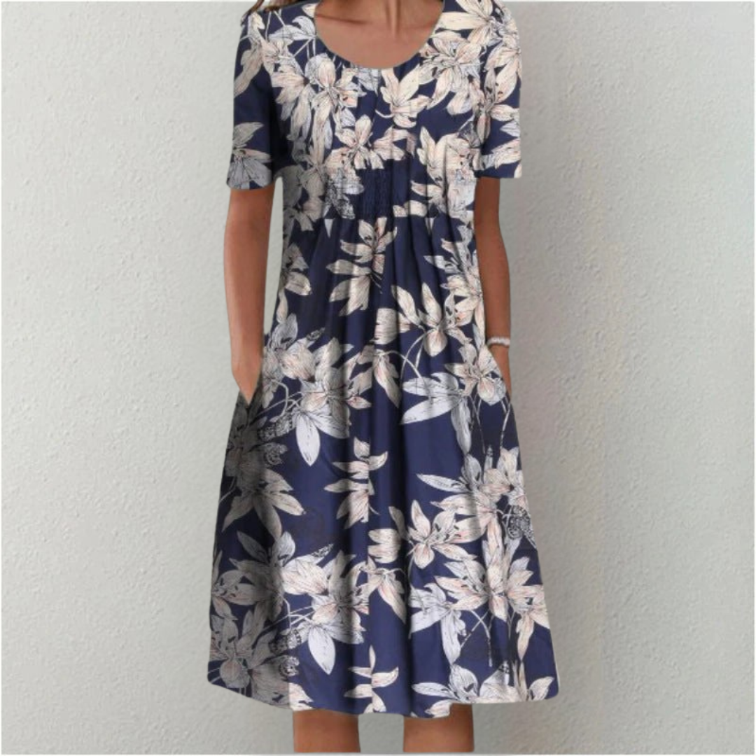 Charming Floral Midi Dress for Women – Relaxed Short Sleeve Summer Dress with Pockets & Flowing A-Line Skirt