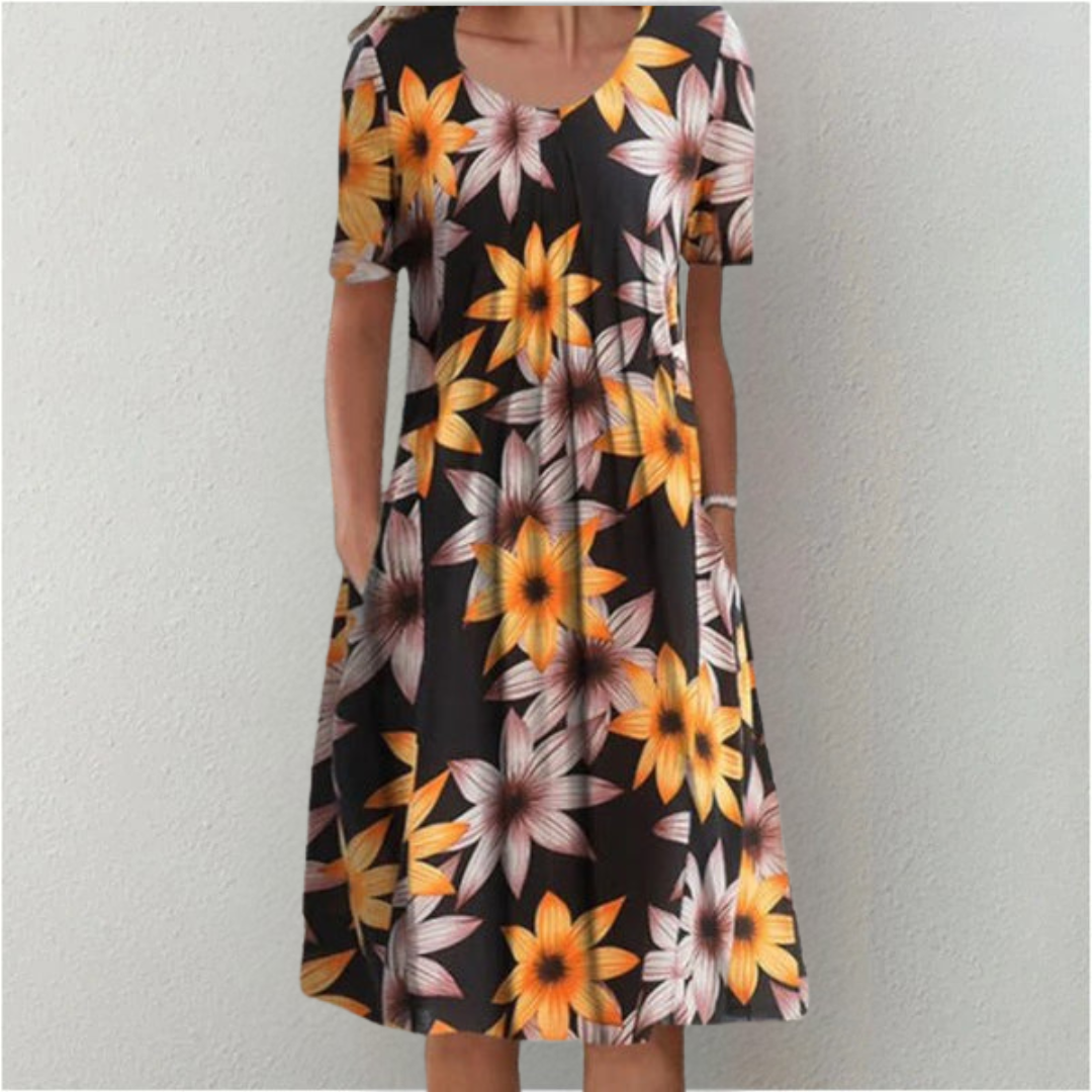 Charming Floral Midi Dress for Women – Relaxed Short Sleeve Summer Dress with Pockets & Flowing A-Line Skirt