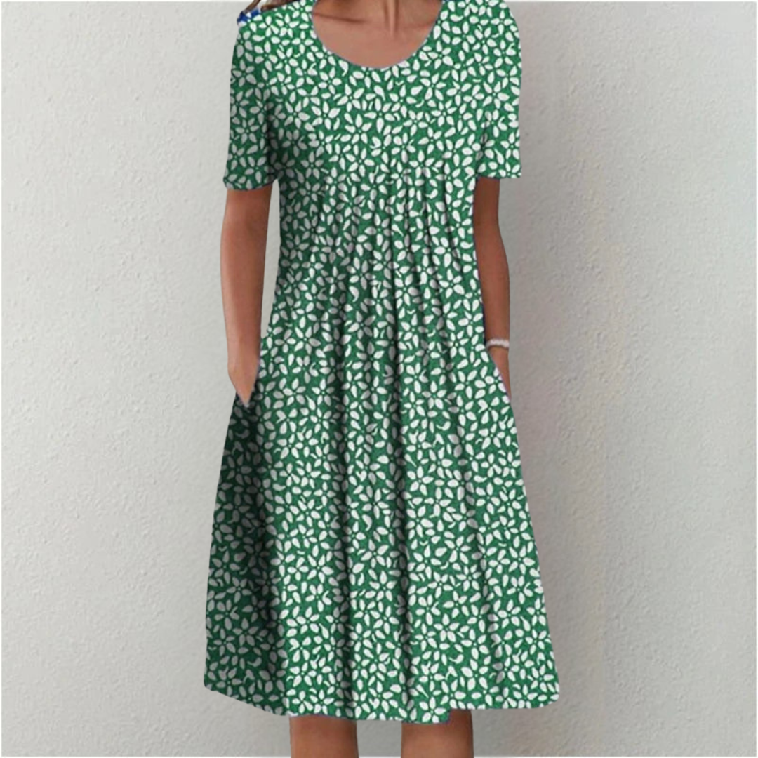 Charming Floral Midi Dress for Women – Relaxed Short Sleeve Summer Dress with Pockets & Flowing A-Line Skirt