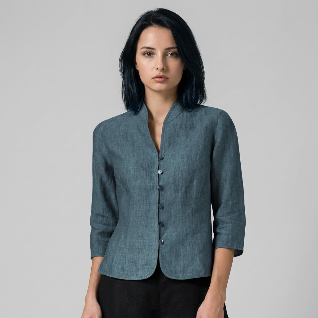 Refined Stand-Collar Blouse for Women – Elegant Three-Quarter Sleeve Top for Work & Polished Everyday Looks