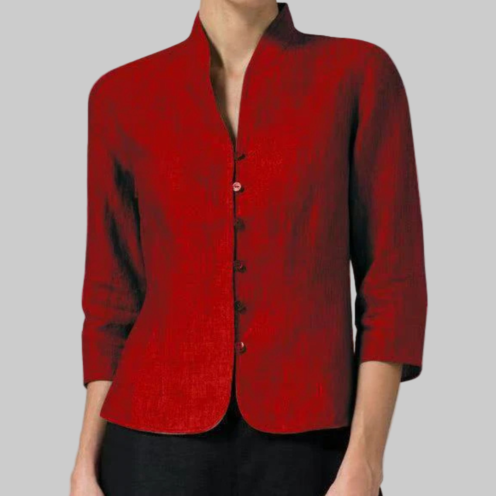 Refined Stand-Collar Blouse for Women – Elegant Three-Quarter Sleeve Top for Work & Polished Everyday Looks